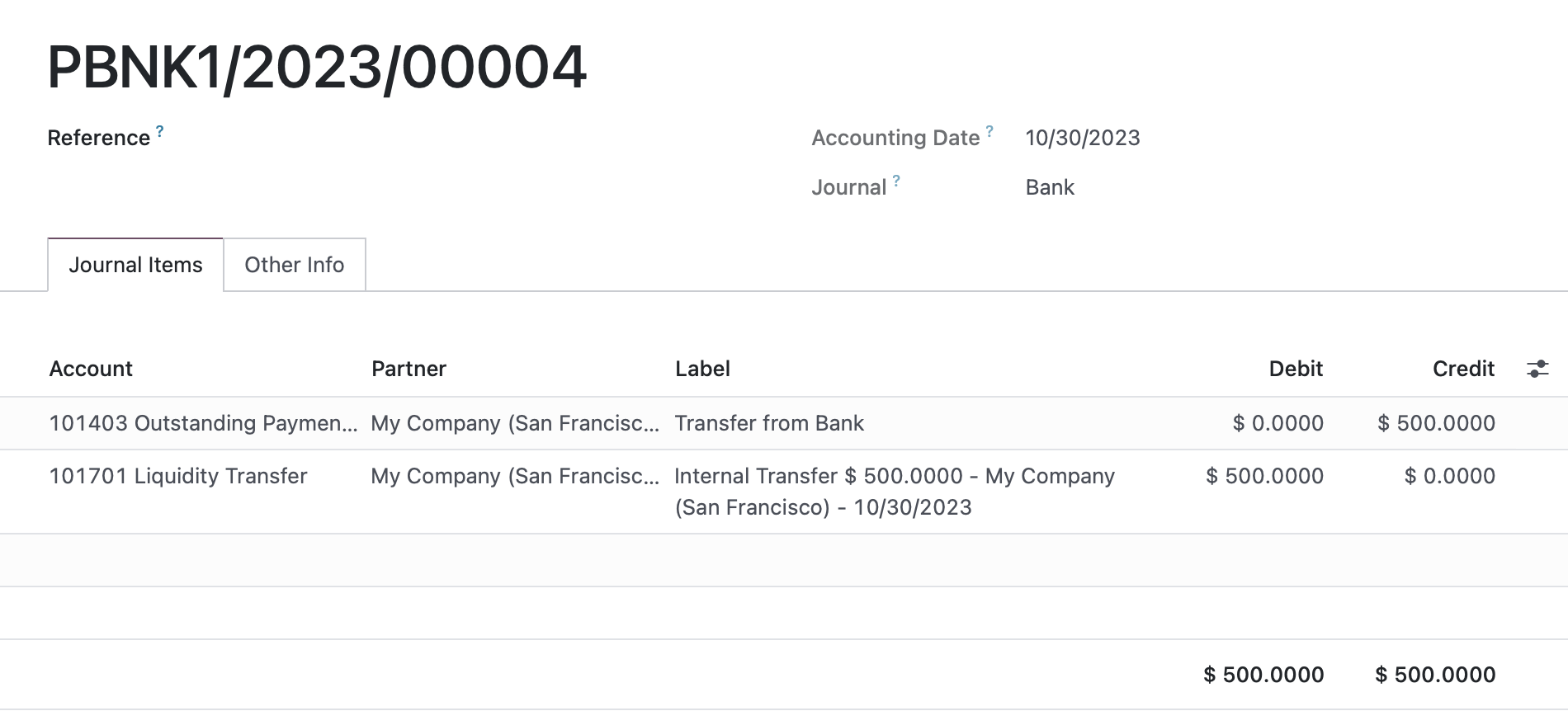 Odoo Accounting: Originating Transfer Journal Entry