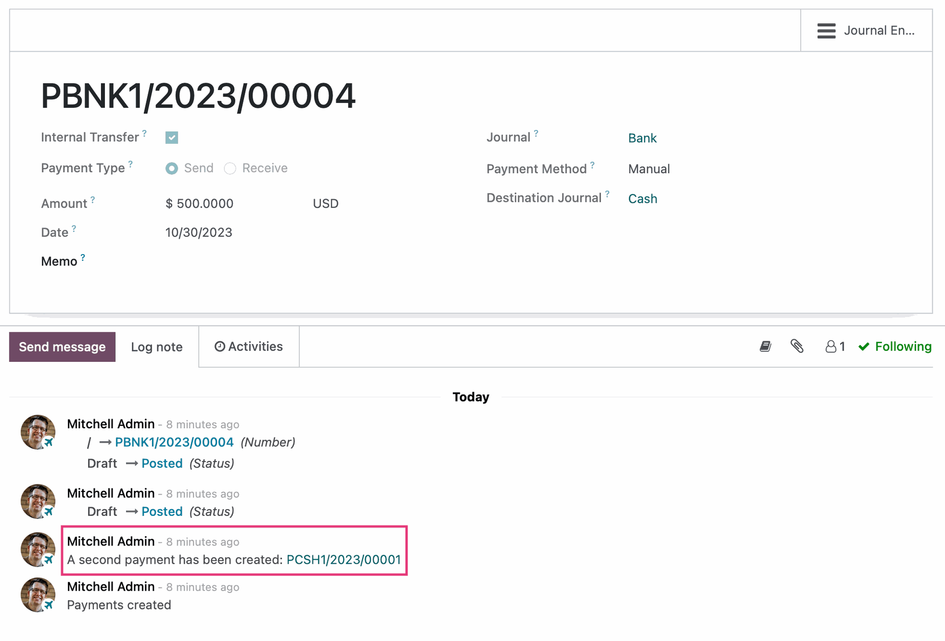 Odoo Accounting: Originating Transfer Payment