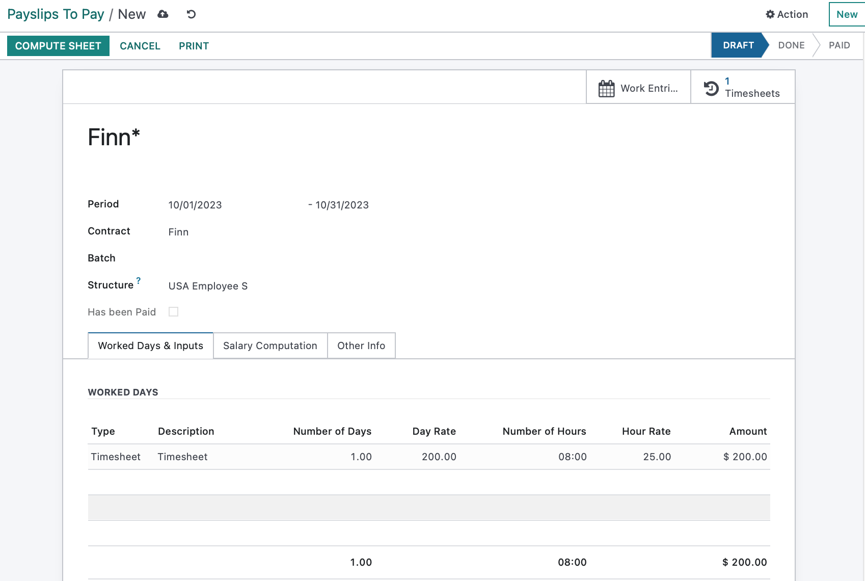 Payslip showing timesheet entries