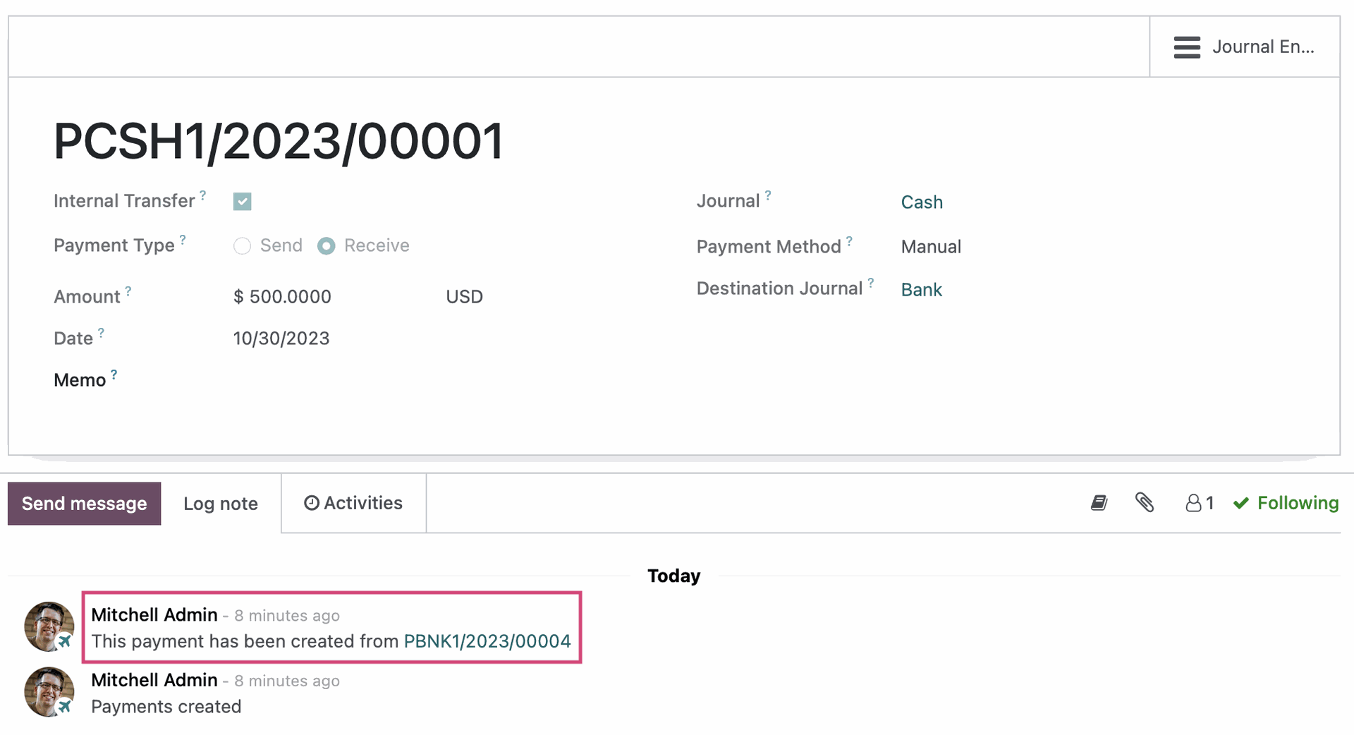 Odoo Accounting: Receiving Transfer Journal Entry