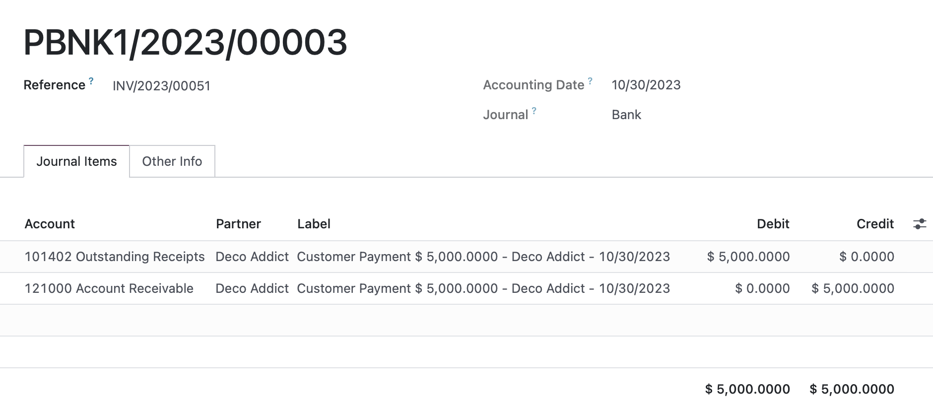 Odoo Customer Payments Journal Entry