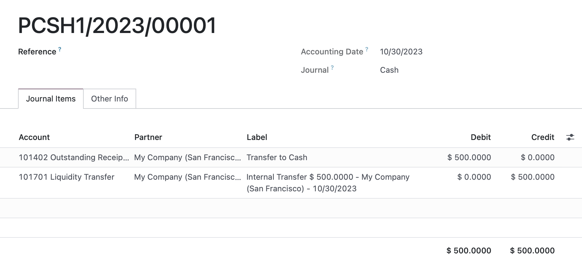 Odoo Accounting: Receiving Transfer Journal Entry
